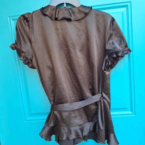 Wrap-Around Top Vintage Black Satin Ruffle Puff Sleeve Blouse - Picture 11 of 16